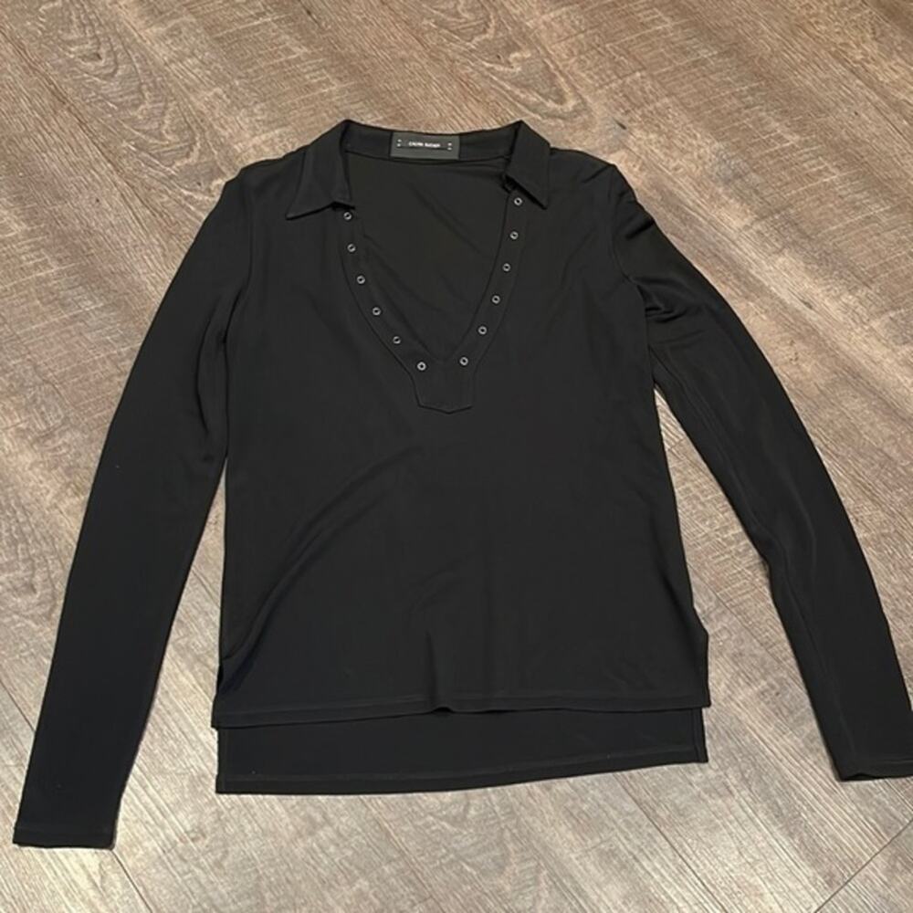Calvin Rucker Black Grommet V-Neck Long Sleeve Henley Top Collared Blouse XS
